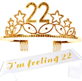 22nd Birthday Gifts for Woman, 22nd Birthday Tiara and Sash Gold, HAPPY 22nd Birthday