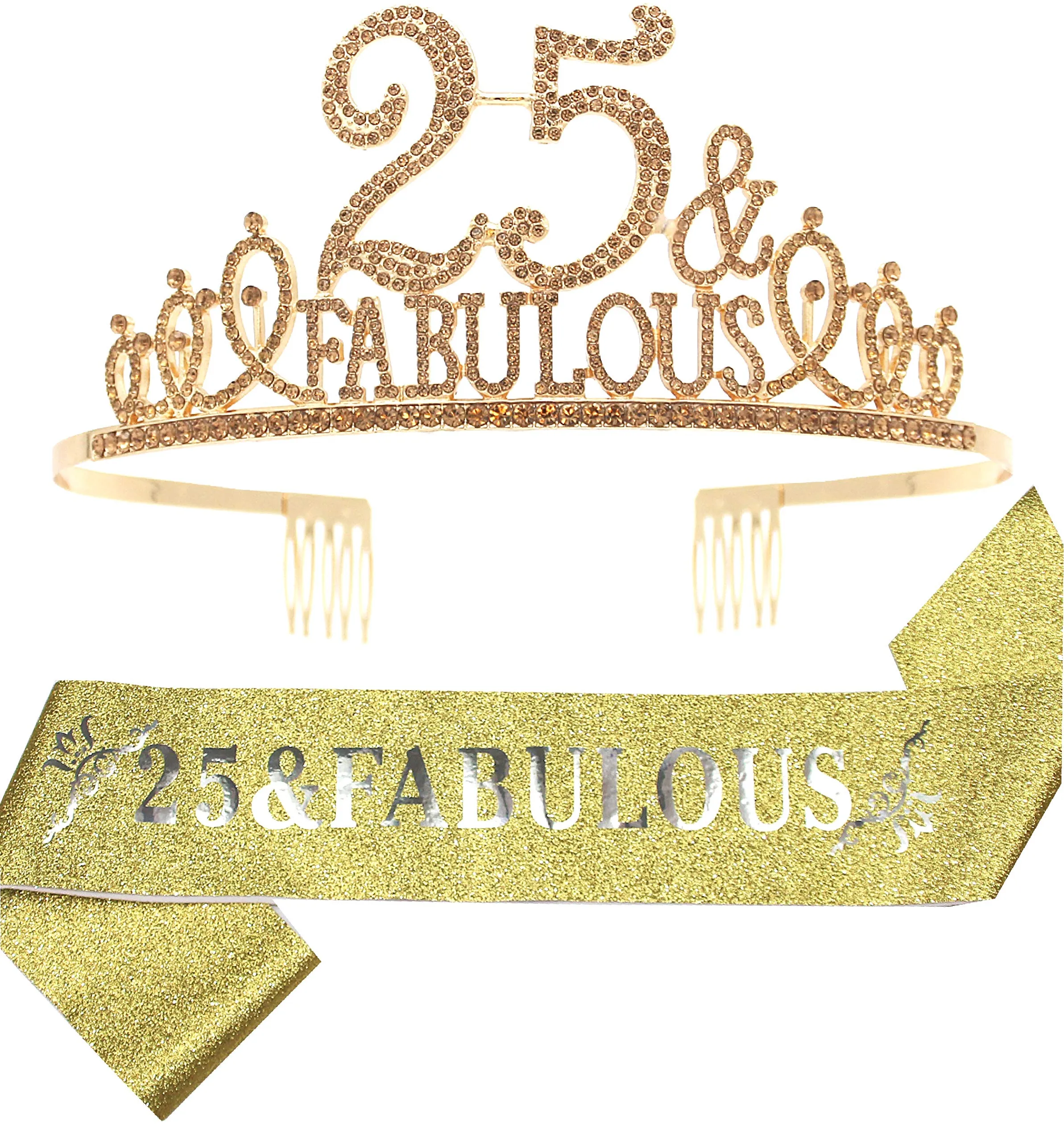 25th Birthday Gifts for Women,25th Birthday Tiara and Sash Golden,25th Birthday