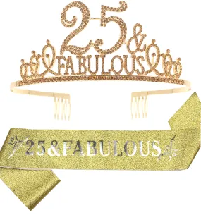 25th Birthday Gifts for Women,25th Birthday Tiara and Sash Golden,25th Birthday