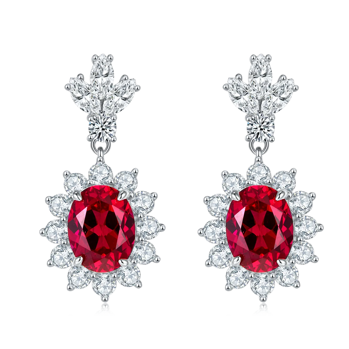 3.2 Carat Oval Lab-Created Ruby Halo Drop Earrings in S925 Silver Plated Platinum