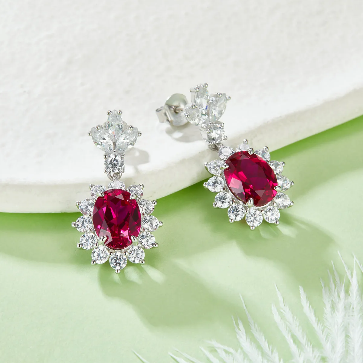 3.2 Carat Oval Lab-Created Ruby Halo Drop Earrings in S925 Silver Plated Platinum