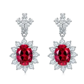 3.2 Carat Oval Lab-Created Ruby Halo Drop Earrings in S925 Silver Plated Platinum