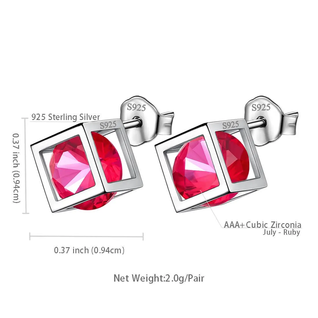 3D Cube Birthstone July Ruby Earrings Stud Women Girls Jewelry Birthday Gift Sterling Silver