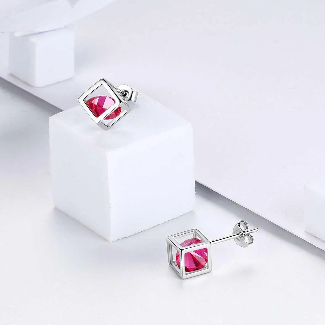 3D Cube Birthstone July Ruby Earrings Stud Women Girls Jewelry Birthday Gift Sterling Silver