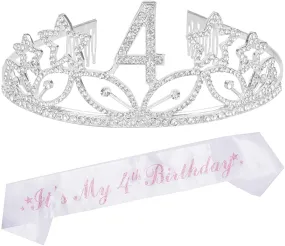 4th Birthday Gifts for Girl, 4th Birthday Tiara and Sash Silver, Happy 4th Birthday Party