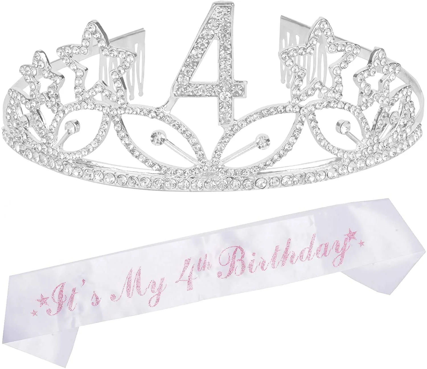 4th Birthday Gifts for Girl, 4th Birthday Tiara and Sash Silver, Happy 4th Birthday Party