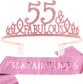 55th Birthday Gifts for Women,55th Birthday Tiara and Sash Pink,55th Birthday Decorations