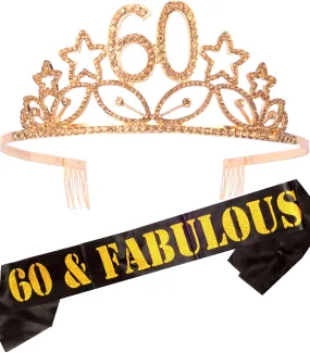 60th Birthday Gifts for Woman, 60th Birthday Tiara and Sash Gold, HAPPY 60th Birthday