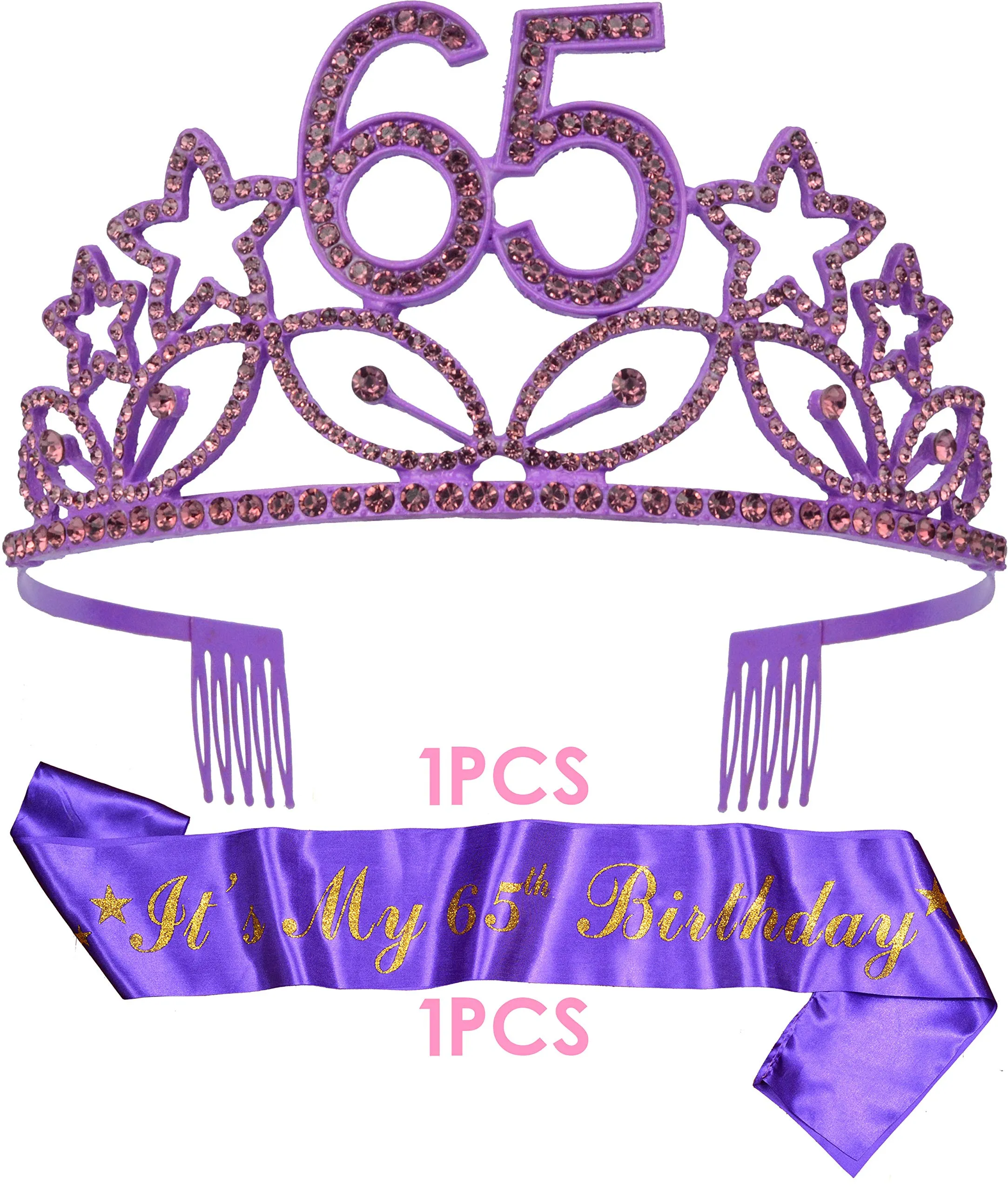 65th Birthday Gifts for Woman, 65th Birthday Tiara and Sash purple, HAPPY 65th Birthday