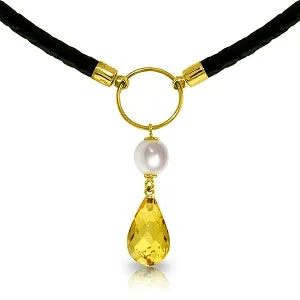 7.5 Carat 14K Solid Yellow Gold Leather Necklace Pearl Citrine