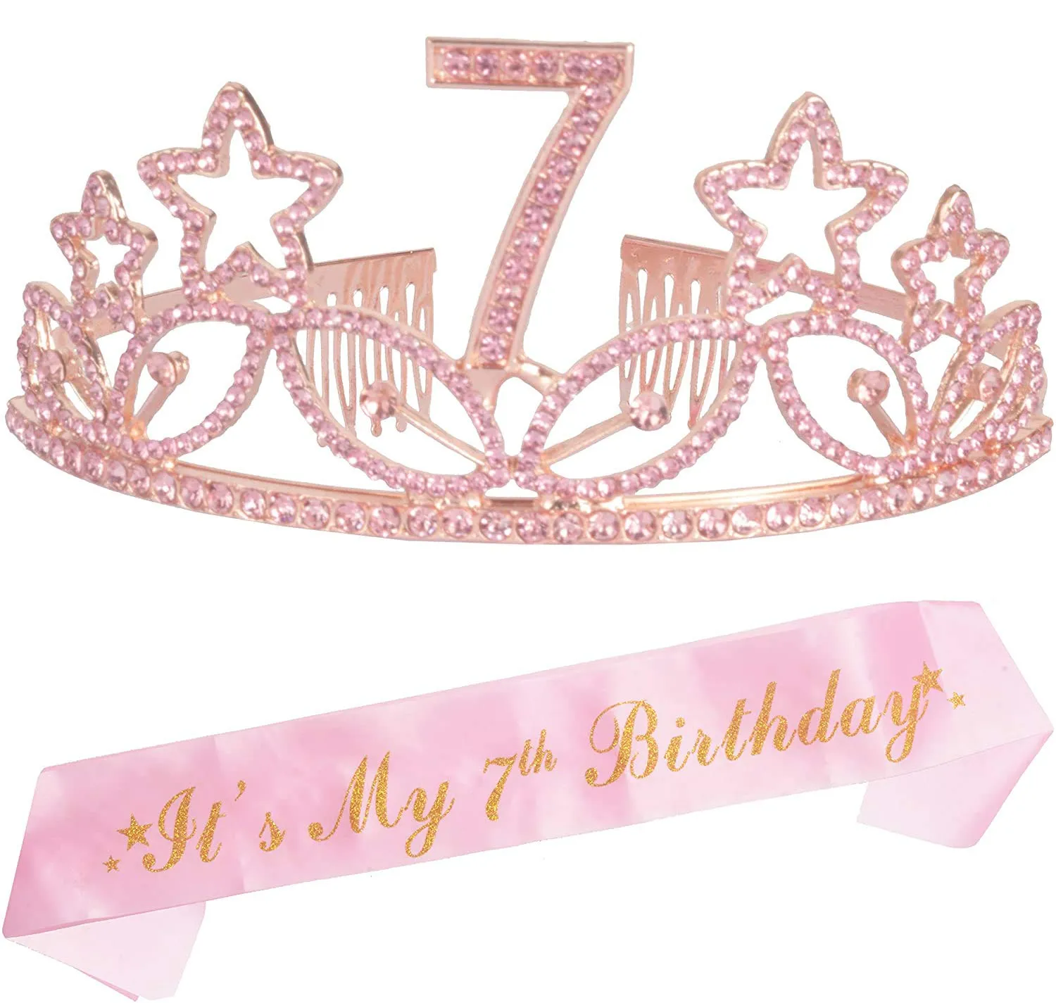 7Th Birthday Gifts For Girl, 7Th Birthday Tiara And Sash Pink, Happy 7Th Birthday Party