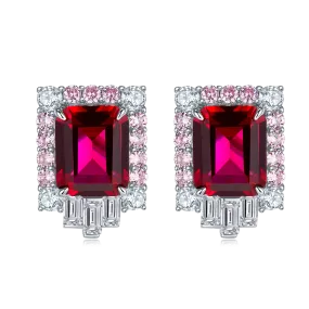 8.0 Carat Rectangular Lab Grown Ruby with Dual Tone Halo S925 Silver-Plated Platinum Stud Earrings