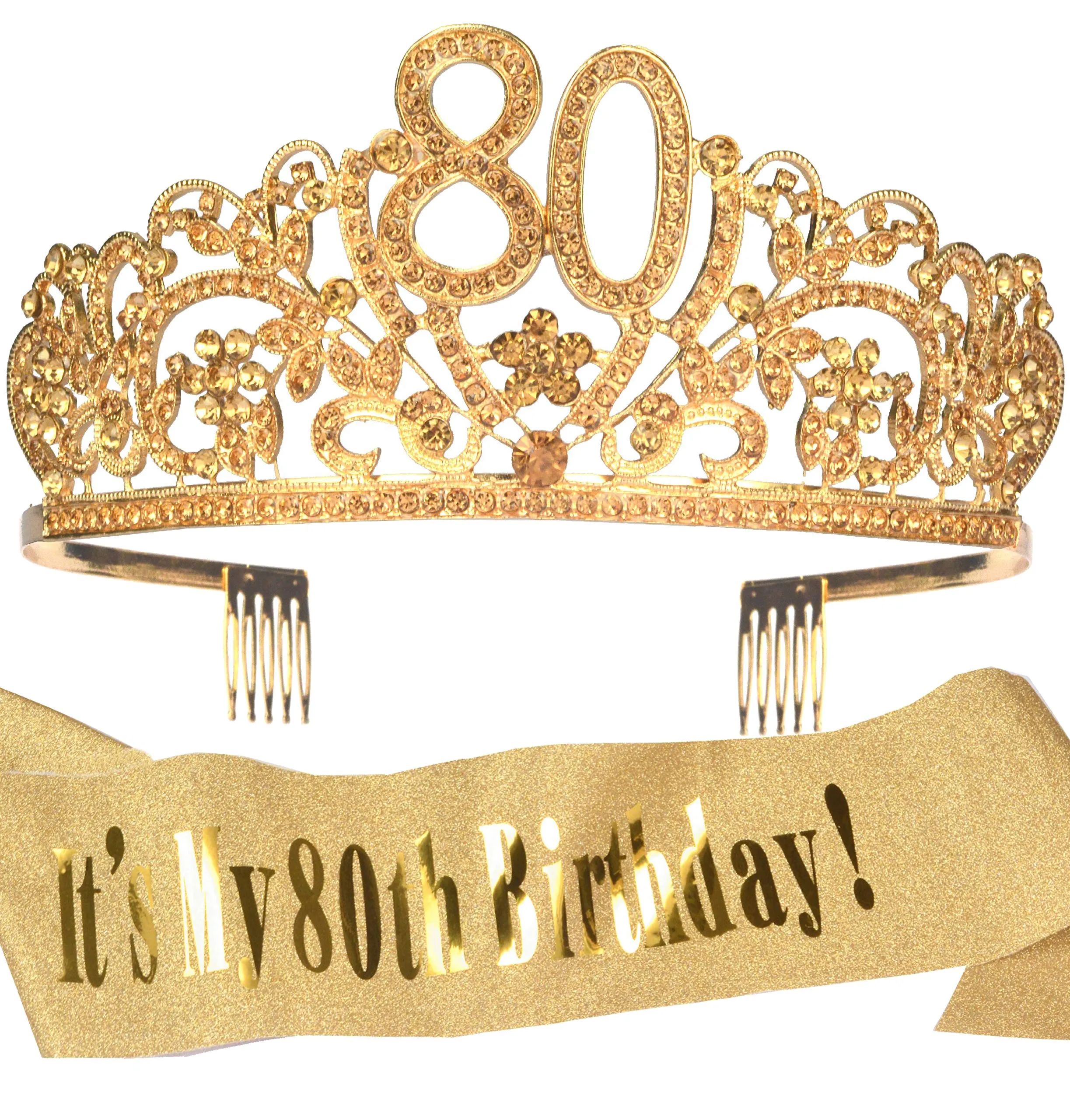 80th Birthday Sash And Tiara For Women - Fabulous Glitter Sash   Flowers