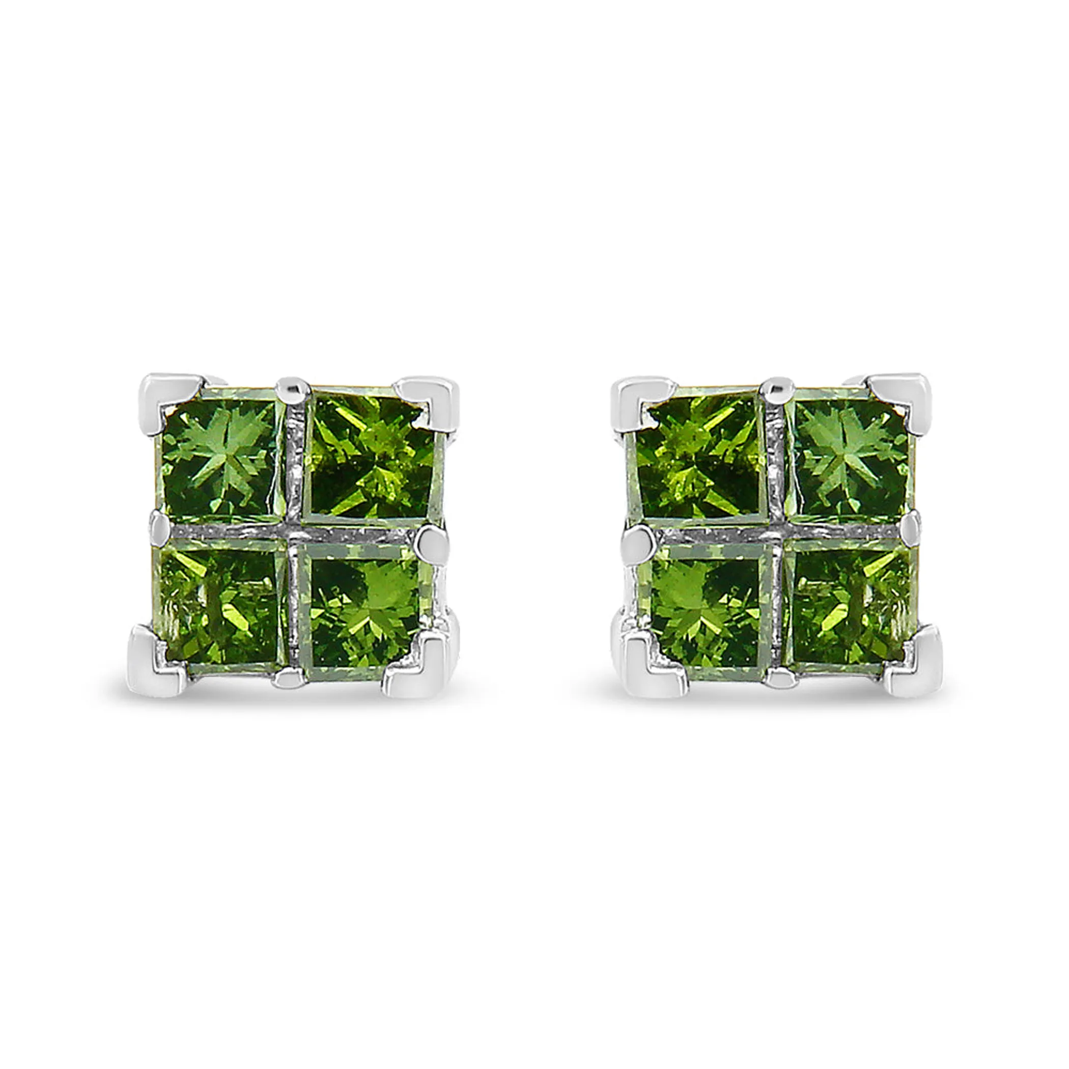 .925 Sterling Silver Treated Green Princess-cut Diamond 4 Stone Composite Quad Stud Earring (Green Color, I1-I2 Clarity)