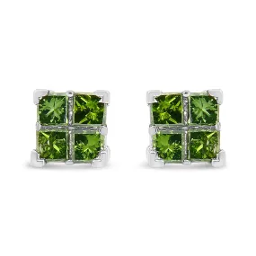 .925 Sterling Silver Treated Green Princess-cut Diamond 4 Stone Composite Quad Stud Earring (Green Color, I1-I2 Clarity)