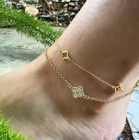 Ankle Bracelet: Gold Fill Chain & Clover CZ Charm (AG455CLV)