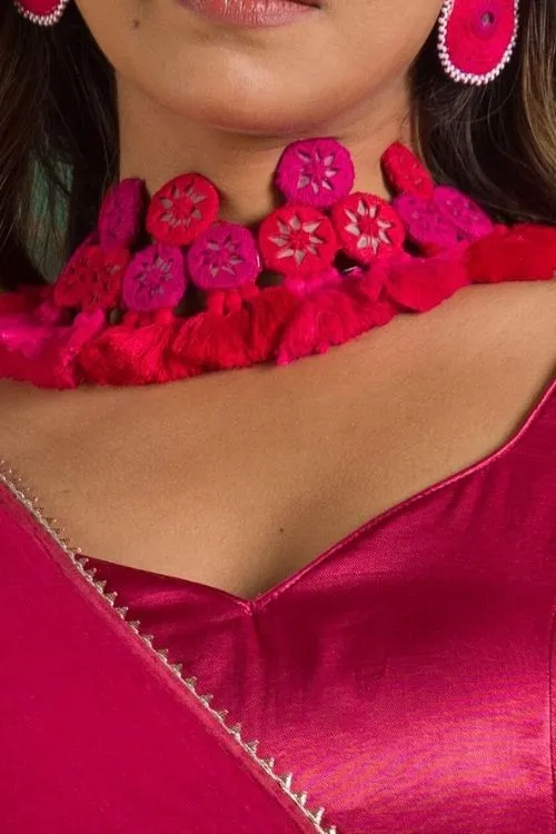 Antarang, Red And Dark Pink Choker, 100% Cotton. Hand Made By Divyang Rural Women