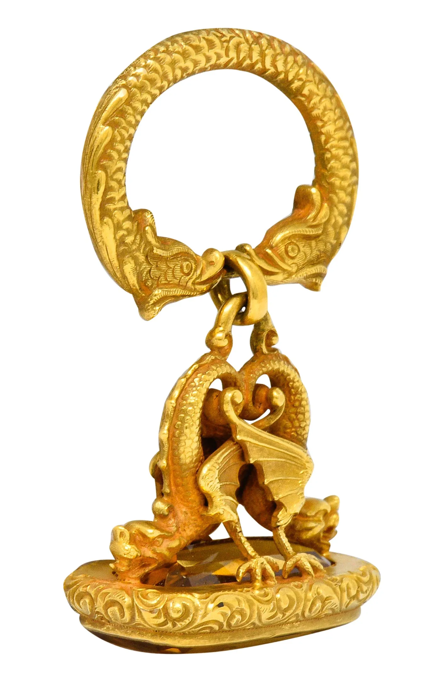 Art Nouveau Citrine 14 Karat Gold Sea Serpent Dragon Fob Pendant