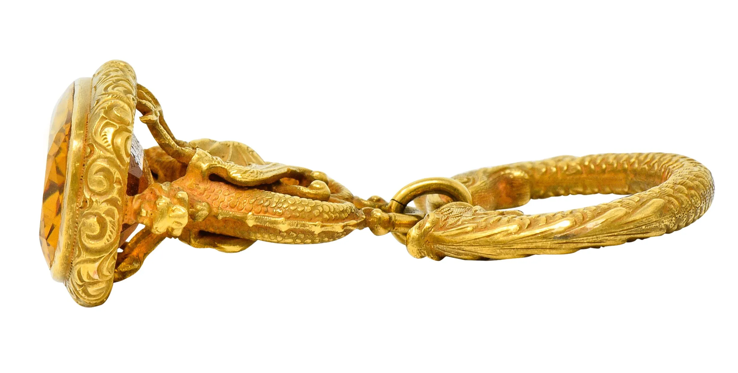 Art Nouveau Citrine 14 Karat Gold Sea Serpent Dragon Fob Pendant