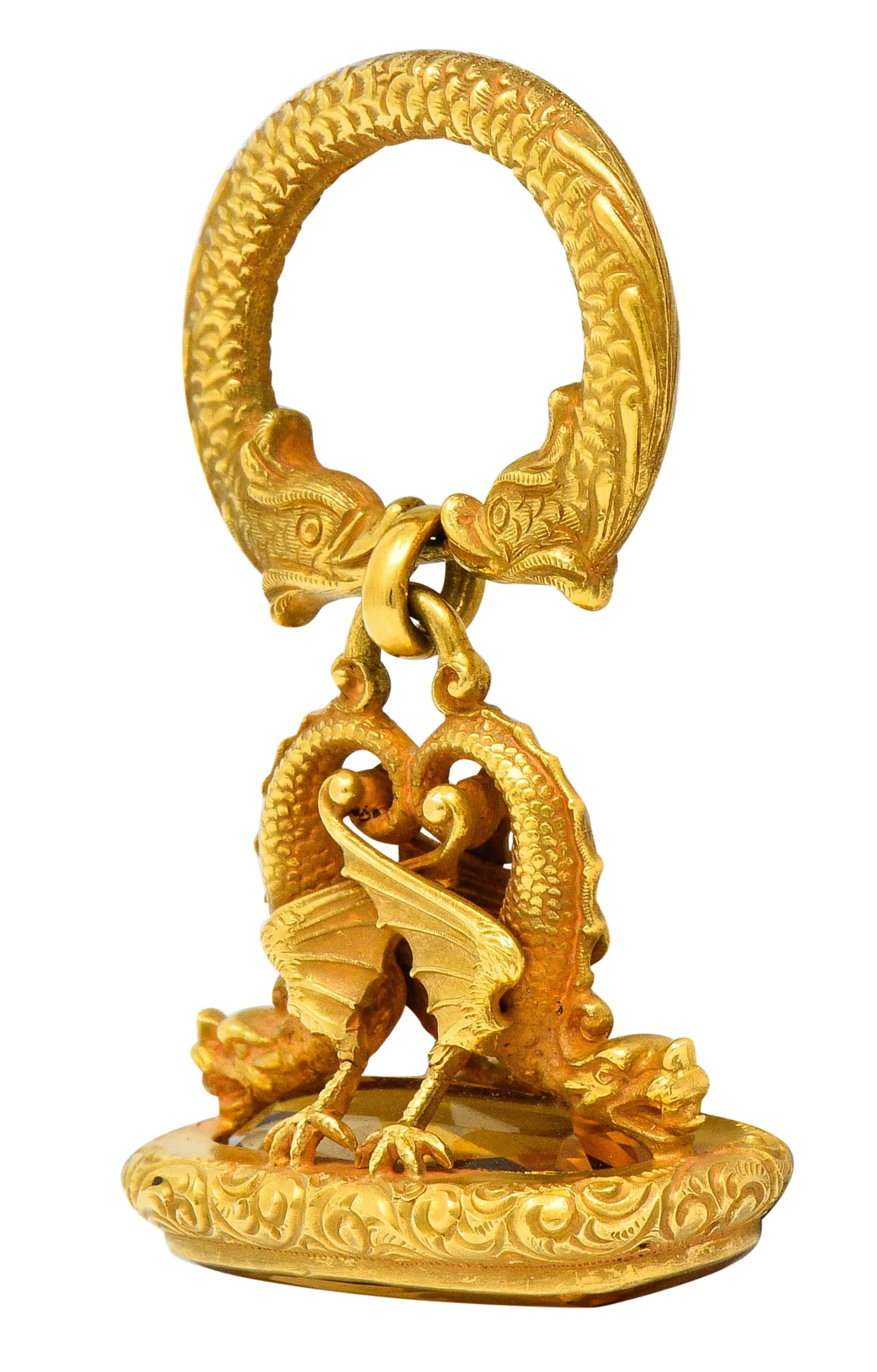 Art Nouveau Citrine 14 Karat Gold Sea Serpent Dragon Fob Pendant