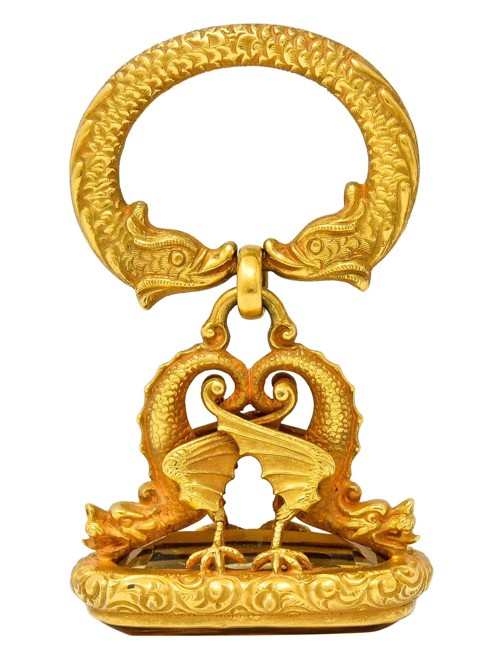 Art Nouveau Citrine 14 Karat Gold Sea Serpent Dragon Fob Pendant