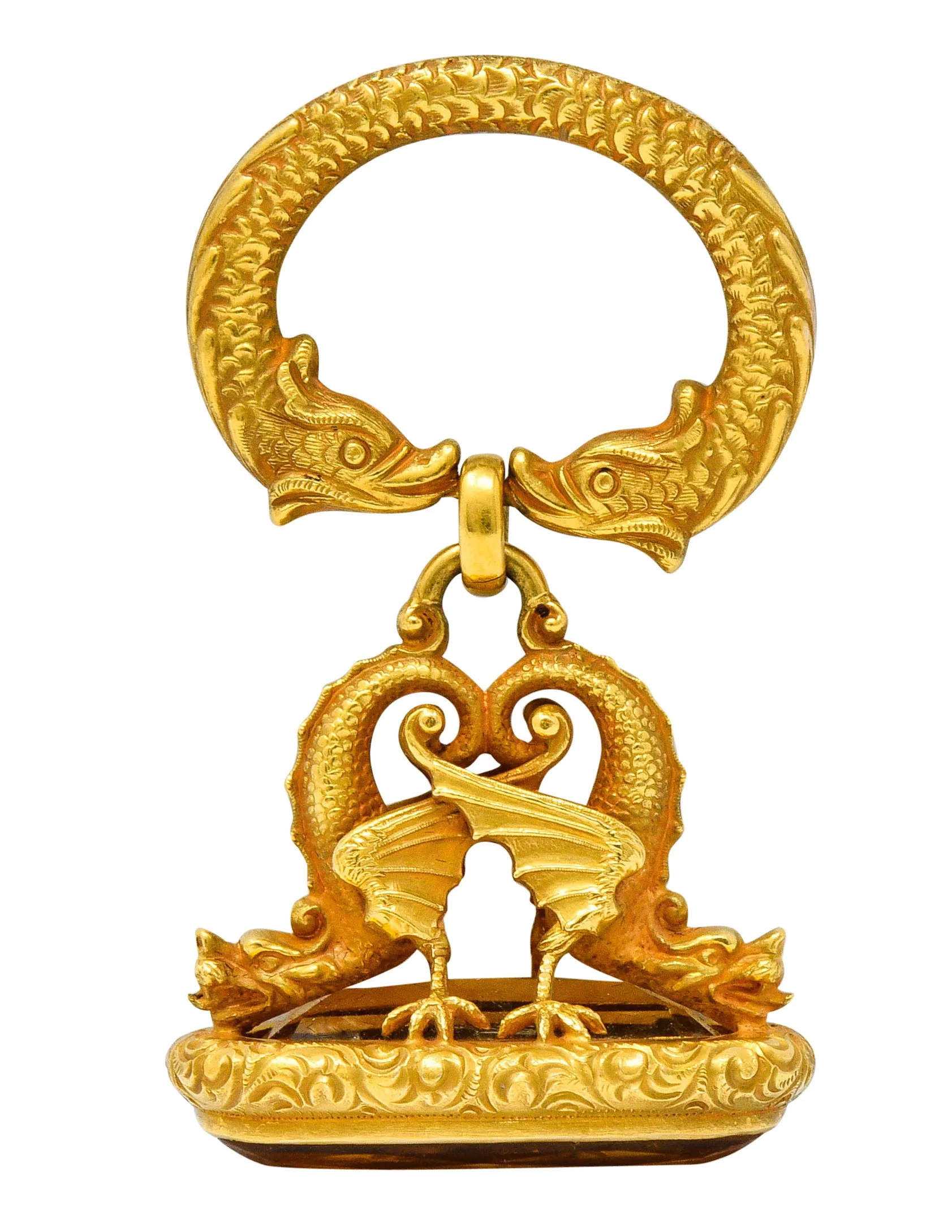 Art Nouveau Citrine 14 Karat Gold Sea Serpent Dragon Fob Pendant