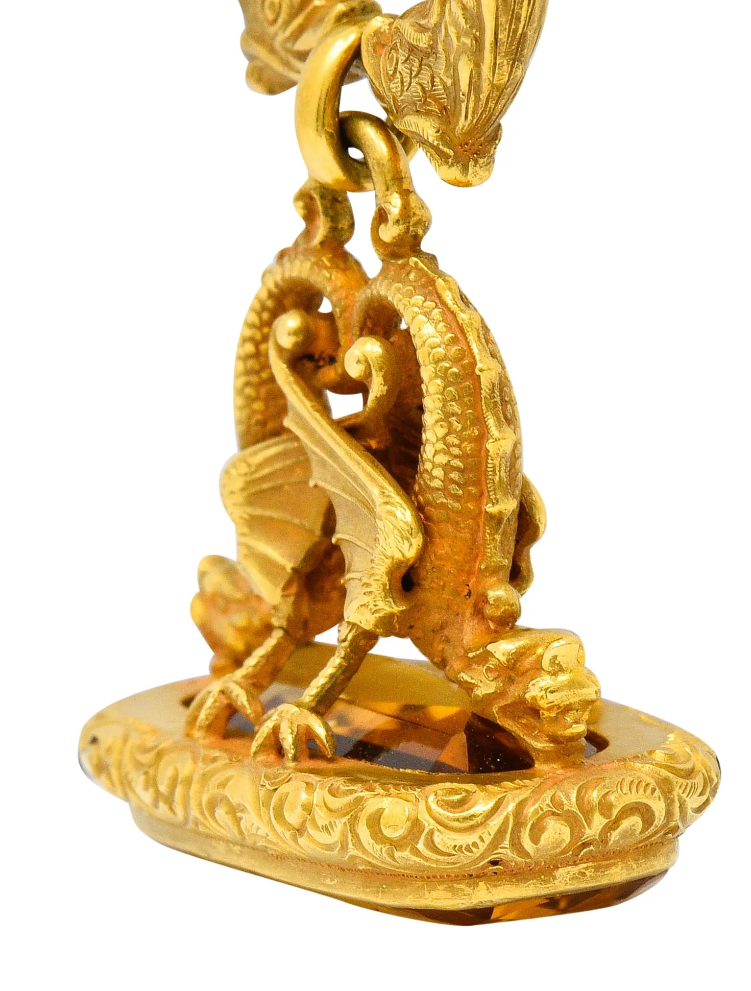 Art Nouveau Citrine 14 Karat Gold Sea Serpent Dragon Fob Pendant