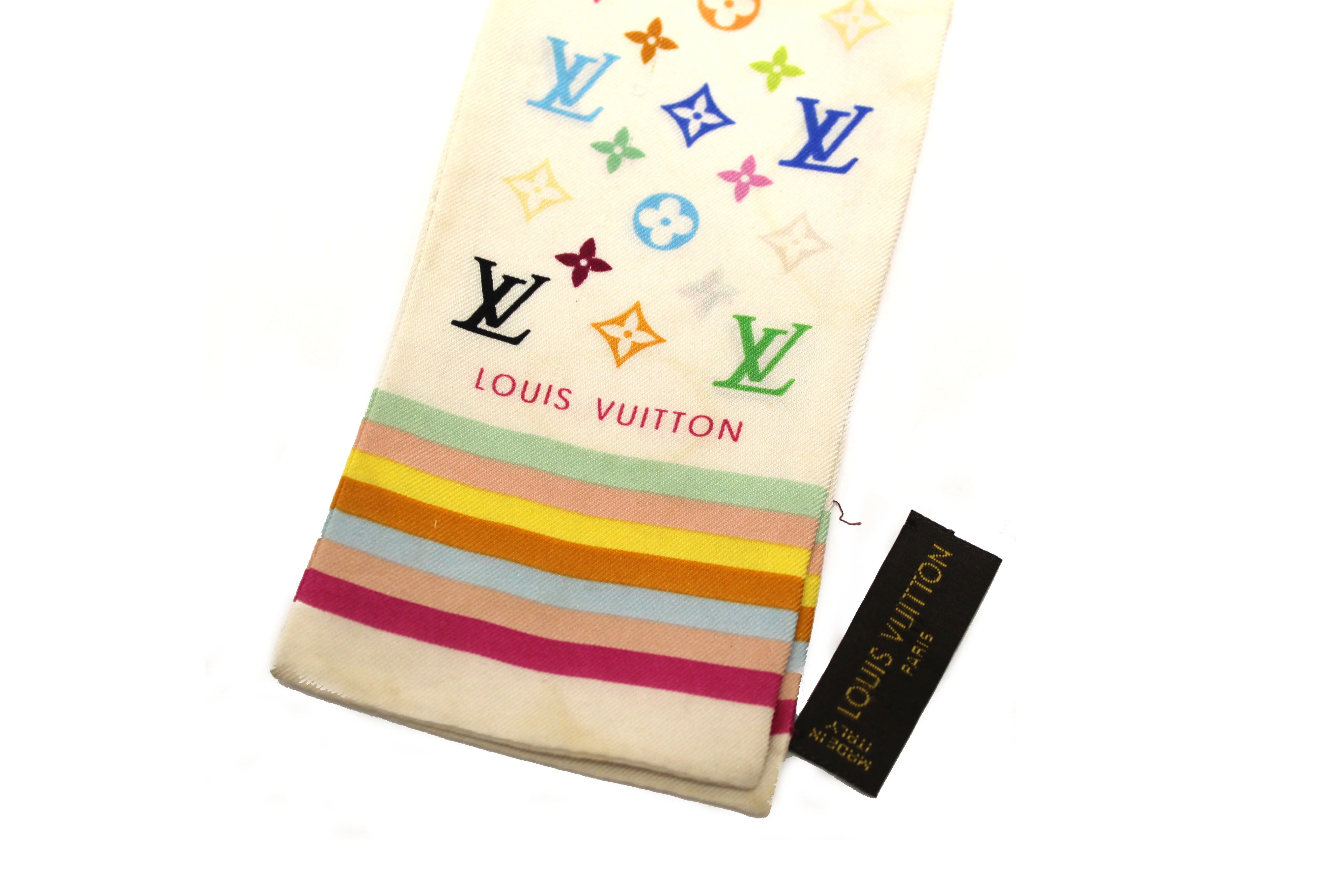 Authentic Louis Vuitton Monogram Multicolor White Twilly Bandeau Scarf