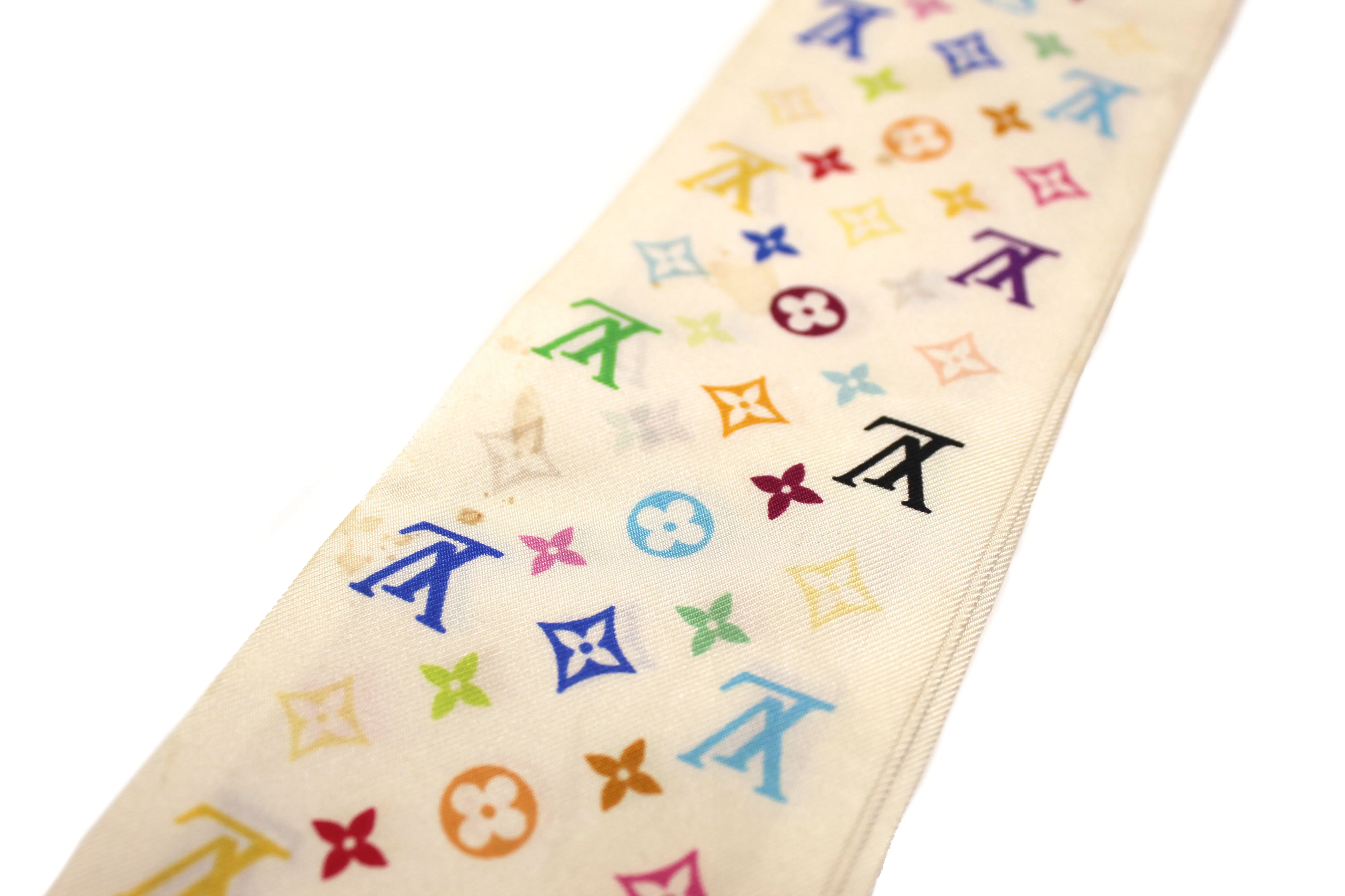 Authentic Louis Vuitton Monogram Multicolor White Twilly Bandeau Scarf