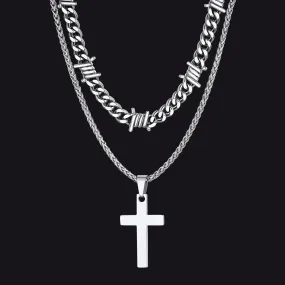 Barbed Wire Cross Cuban Chain Necklace Set for Men Women