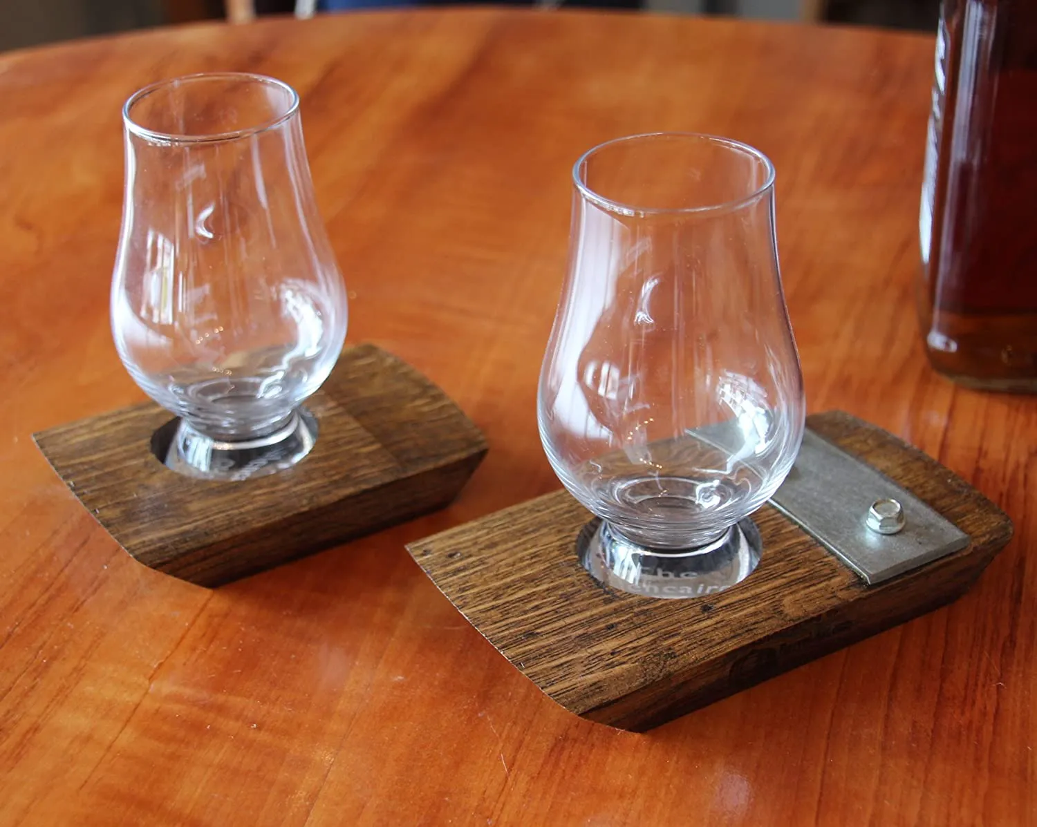 Barrel-Art Barrel Stave Whiskey Bourbon Scotch Coaster with Glencarin Glass and Galvanized Steel, Dark Walnut