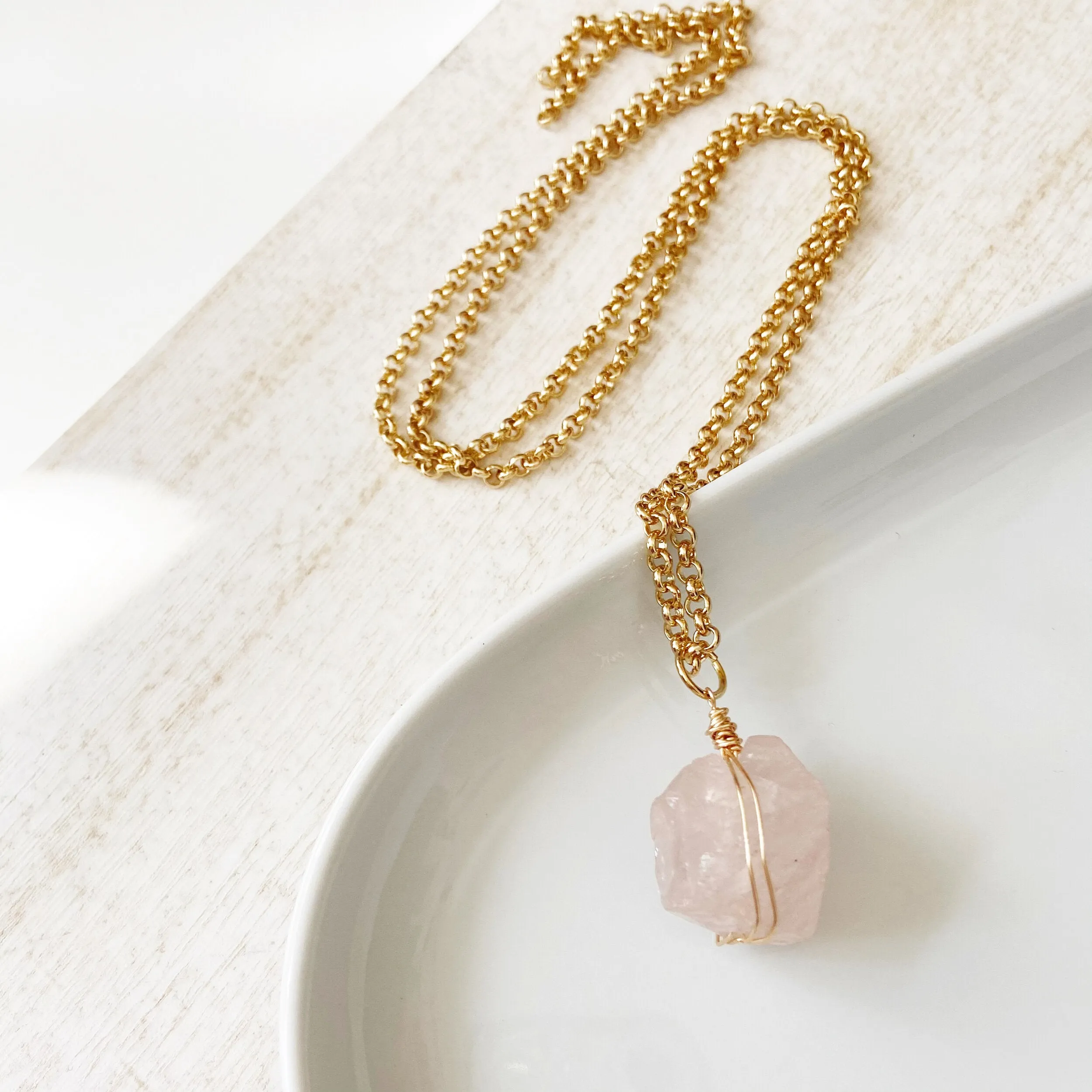 Beautiful Strong Unique- Rose Quartz Wire Wrapped Pendant in Gold and Silver, (thirty inches)