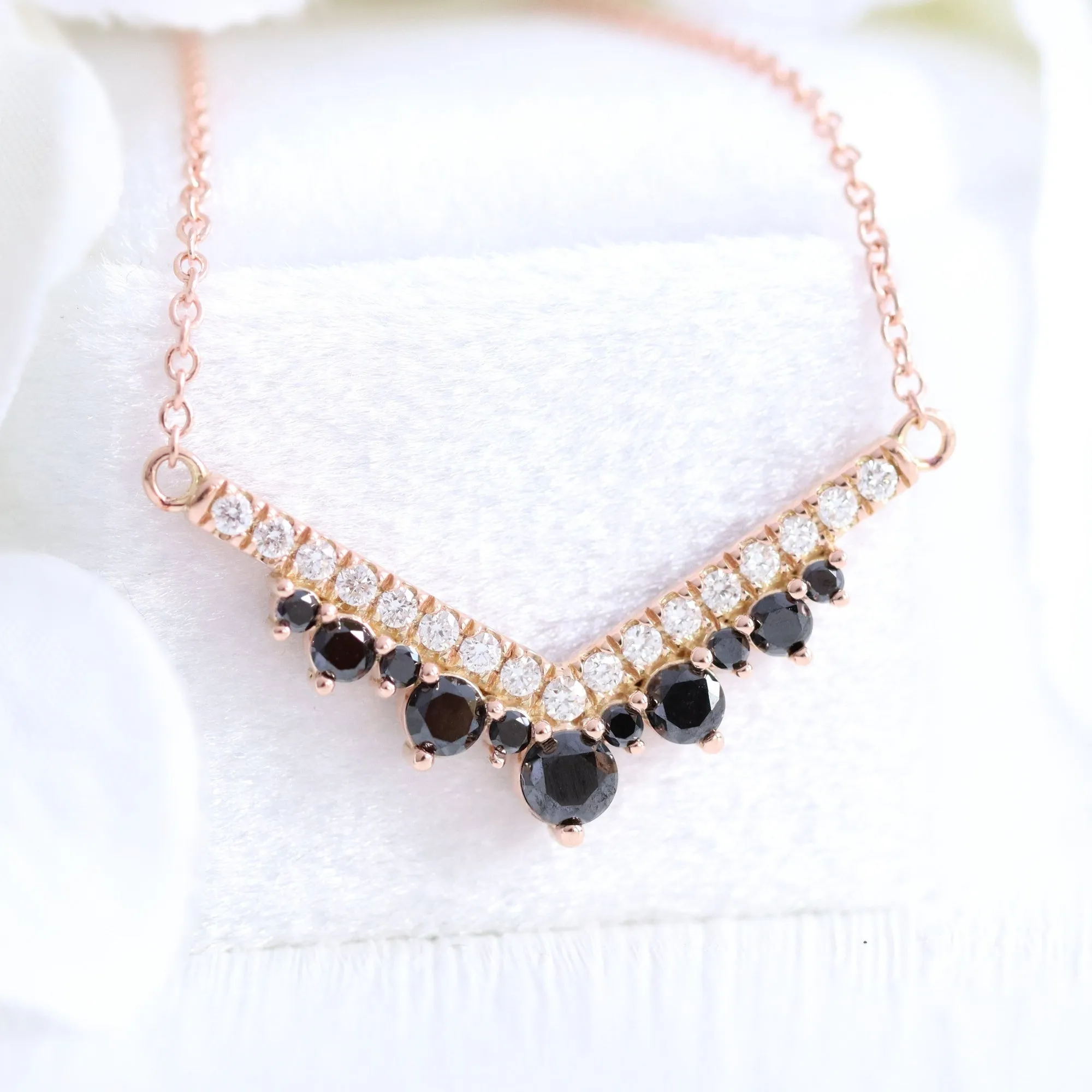 Black and White Diamond Necklace in 14k Gold Large Tiara Drop Pendant