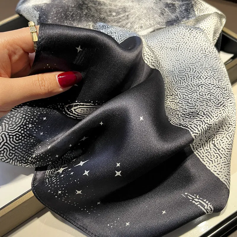 Black and White Moon Pegasus mulberry silk scarf/65CM 100% mulberry silk scarf/Silk shawl/Gift for her