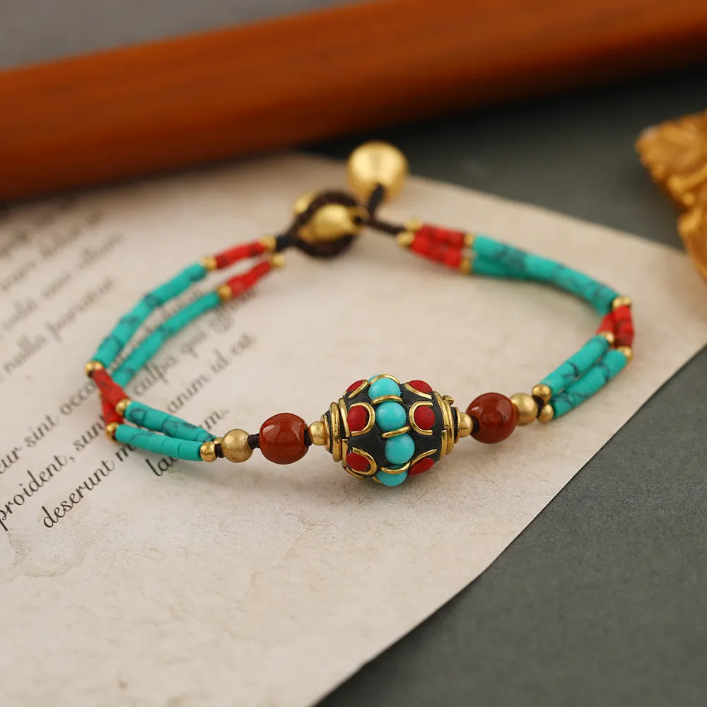 Bohemian Retro Nepalese Pearl Turquoise Frosted Stone Simple Multi-color Beaded Hand Woven Bracelet