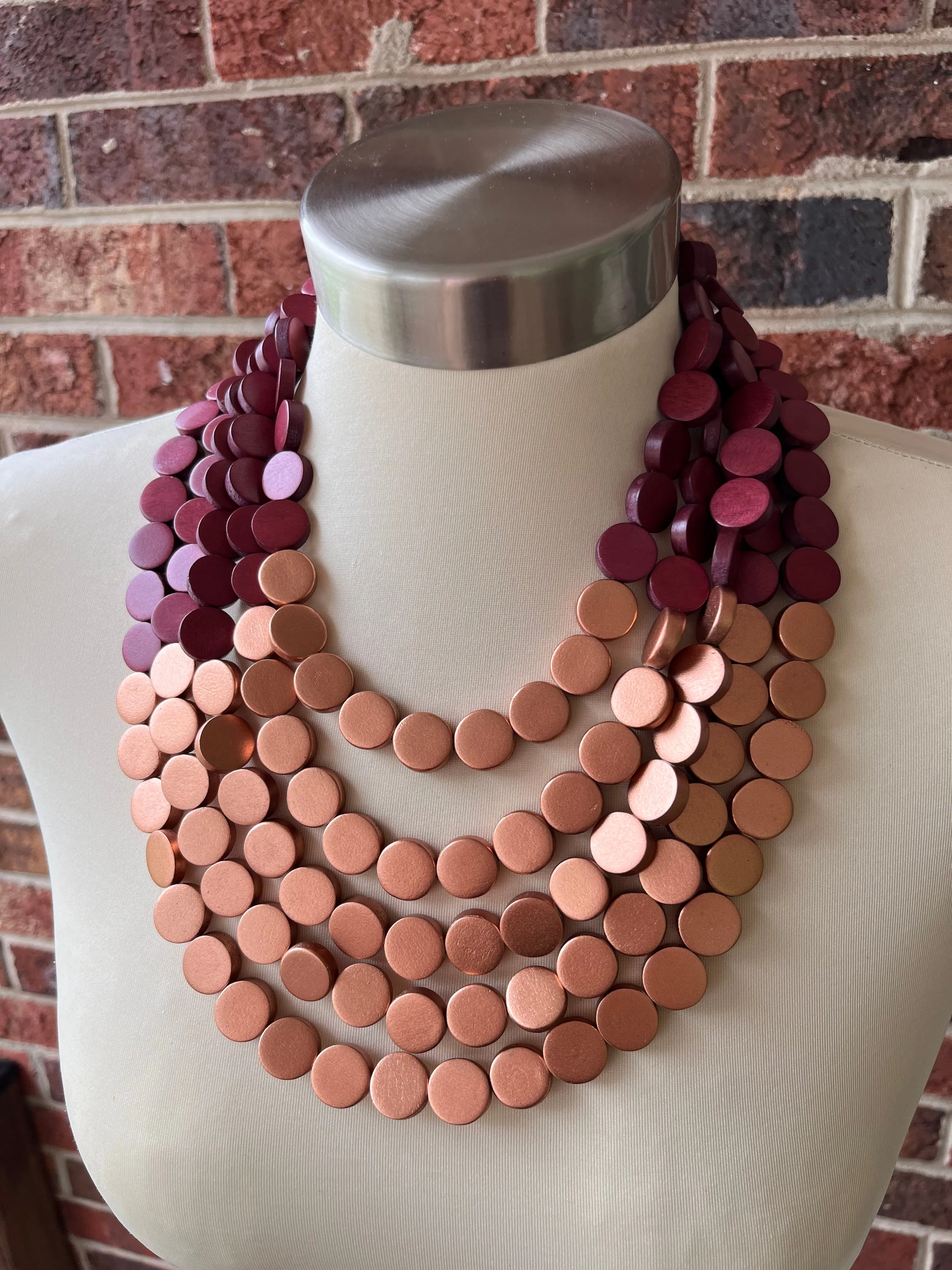 Brown Copper Wood Bead Multi Strand Statement Necklace - Regan