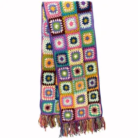 Carnaby Granny Square Scarf Handmade Crochet Winter Muffler Boho Fringed Super Soft Scarves Choose Black White Gray Four Row Or Three Row