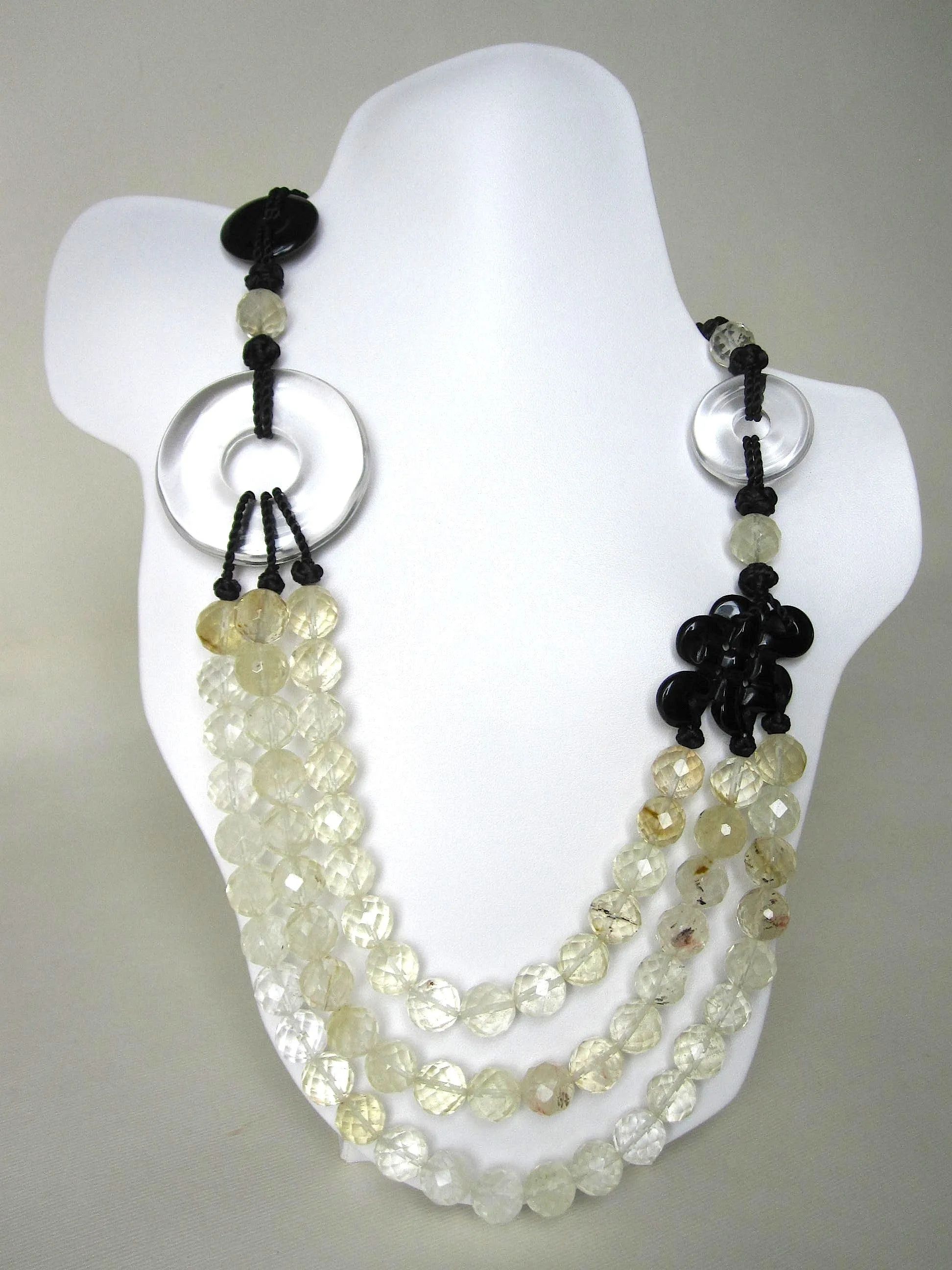 Cherry Quartz Beads Clear Crystal Disc, Black Agate, Black Chinese Silk Knots Necklace