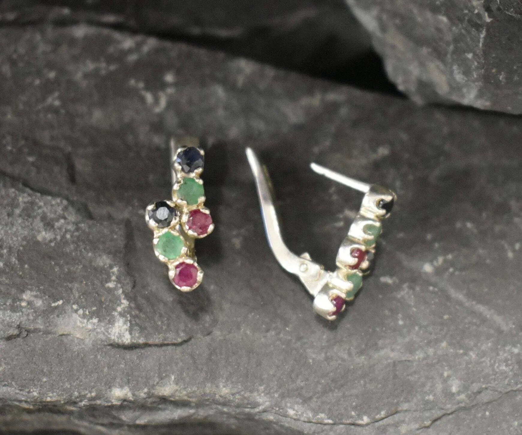 Colorful Multistone Earrings - Natural Emerald Sapphire Ruby - Drop Birthstone Earrings