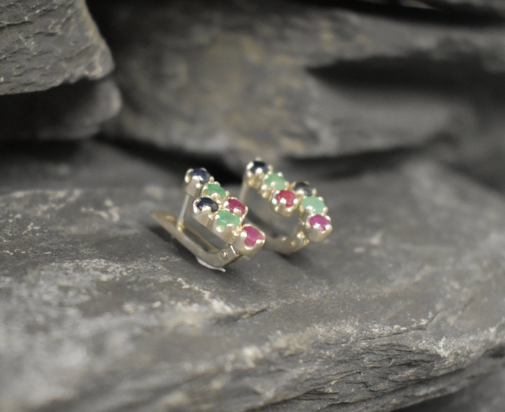 Colorful Multistone Earrings - Natural Emerald Sapphire Ruby - Drop Birthstone Earrings