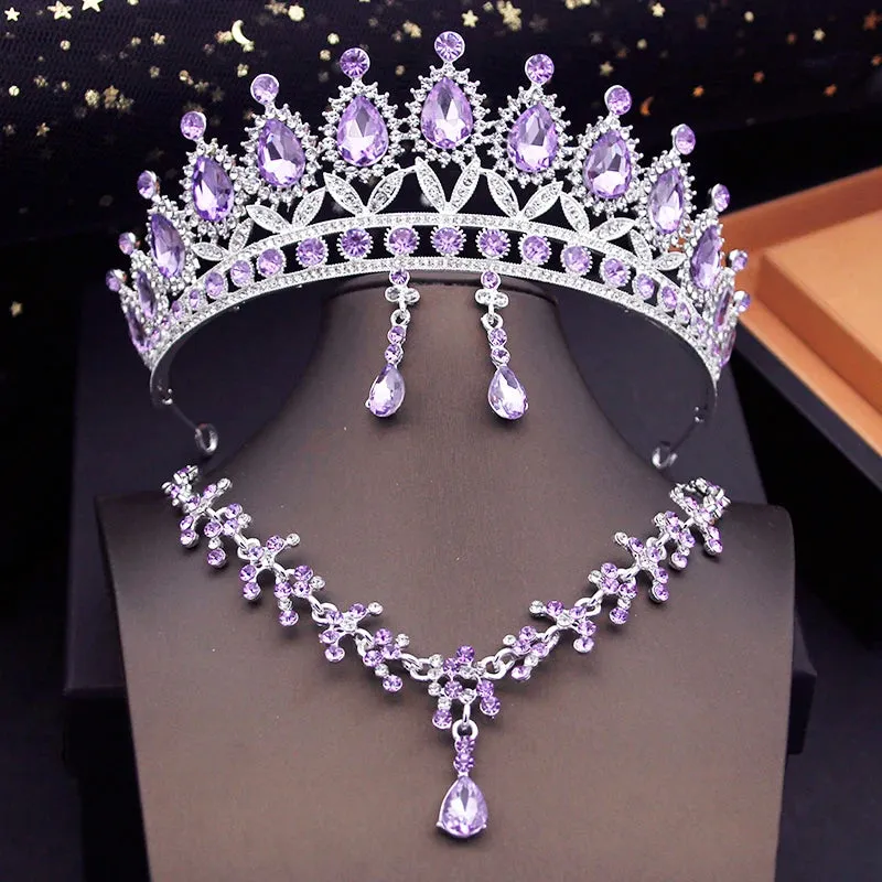 Colorful Party Tiara Crown Necklace Earrings Sets Costume Jewelry