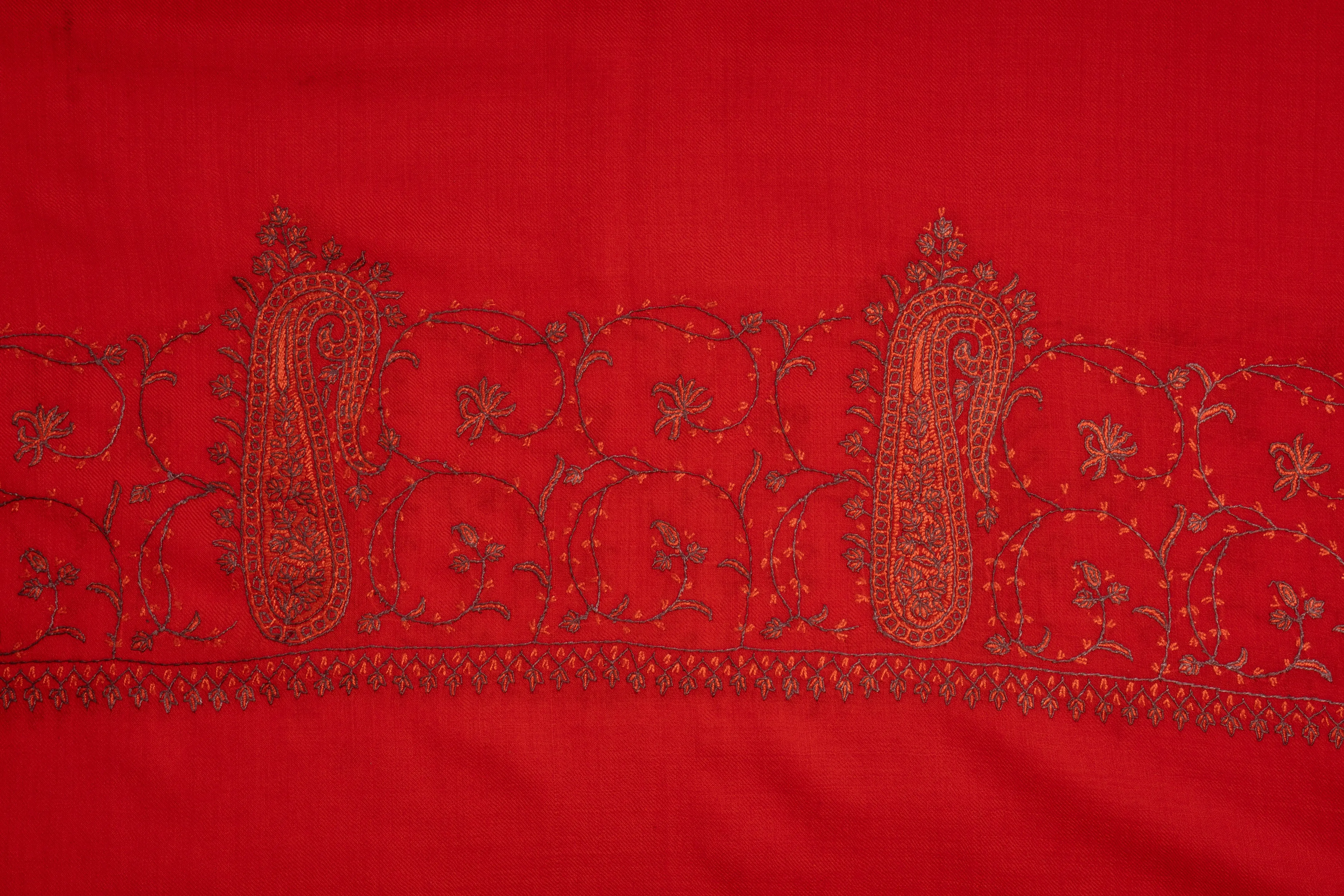 Crimson Flame Hand Embroidered Merino Wool Sozni Scarf