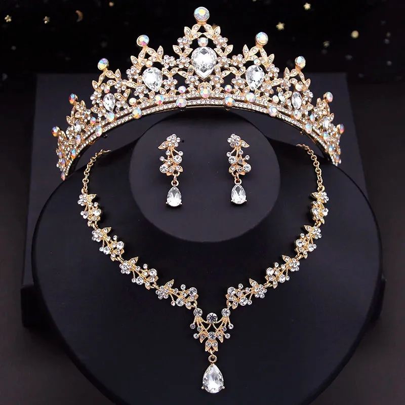 Crystal  Rhinestone Tiaras Crown Necklace Earrings Fashion Jewelry Set Accessories