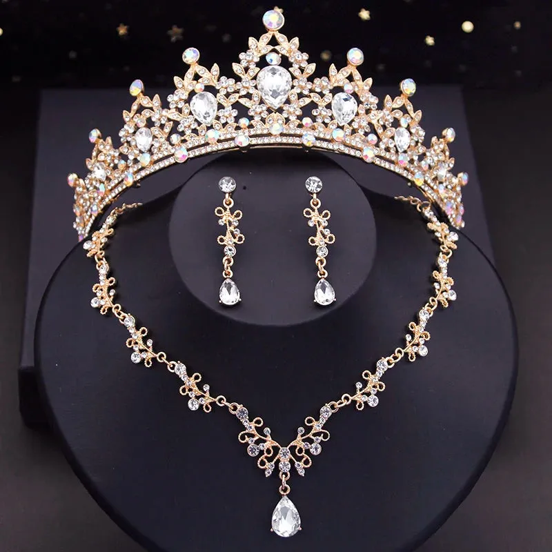 Crystal  Rhinestone Tiaras Crown Necklace Earrings Fashion Jewelry Set Accessories