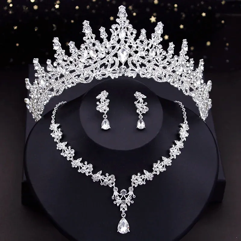 Crystal  Rhinestone Tiaras Crown Necklace Earrings Fashion Jewelry Set Accessories