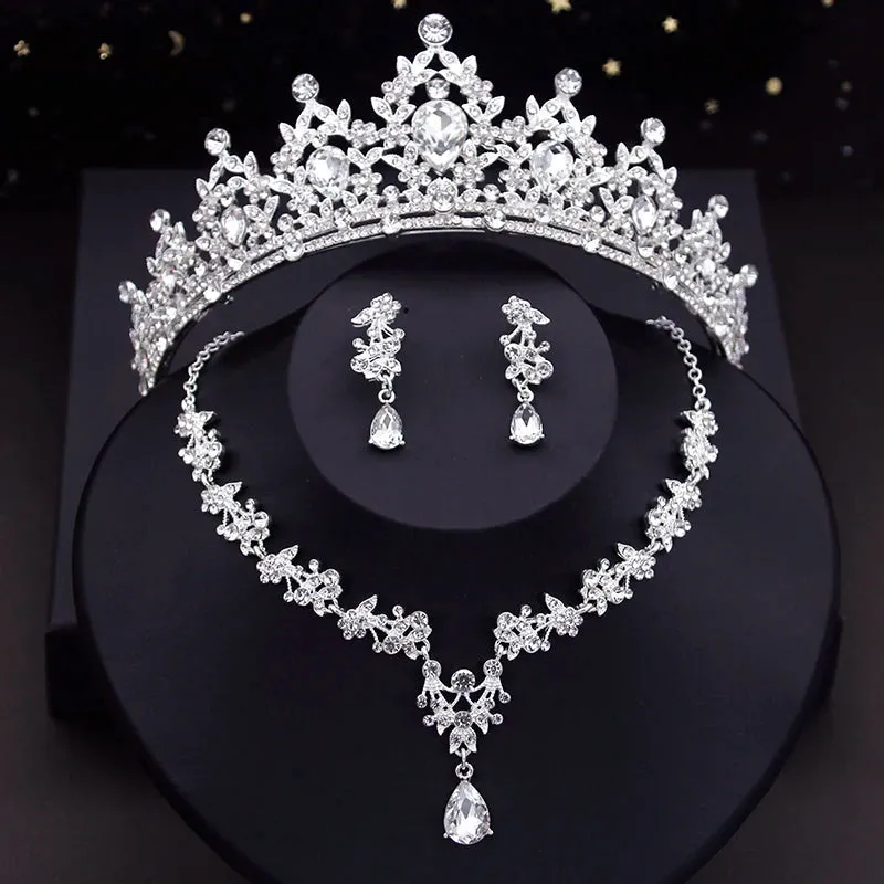 Crystal  Rhinestone Tiaras Crown Necklace Earrings Fashion Jewelry Set Accessories