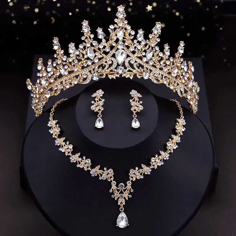 Crystal  Rhinestone Tiaras Crown Necklace Earrings Fashion Jewelry Set Accessories