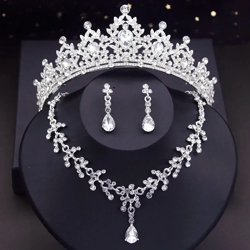 Crystal  Rhinestone Tiaras Crown Necklace Earrings Fashion Jewelry Set Accessories