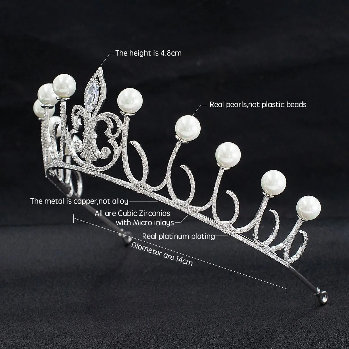 Cubic zircon wedding pearl tiara, bridal royal diadem head jewelry CH10326