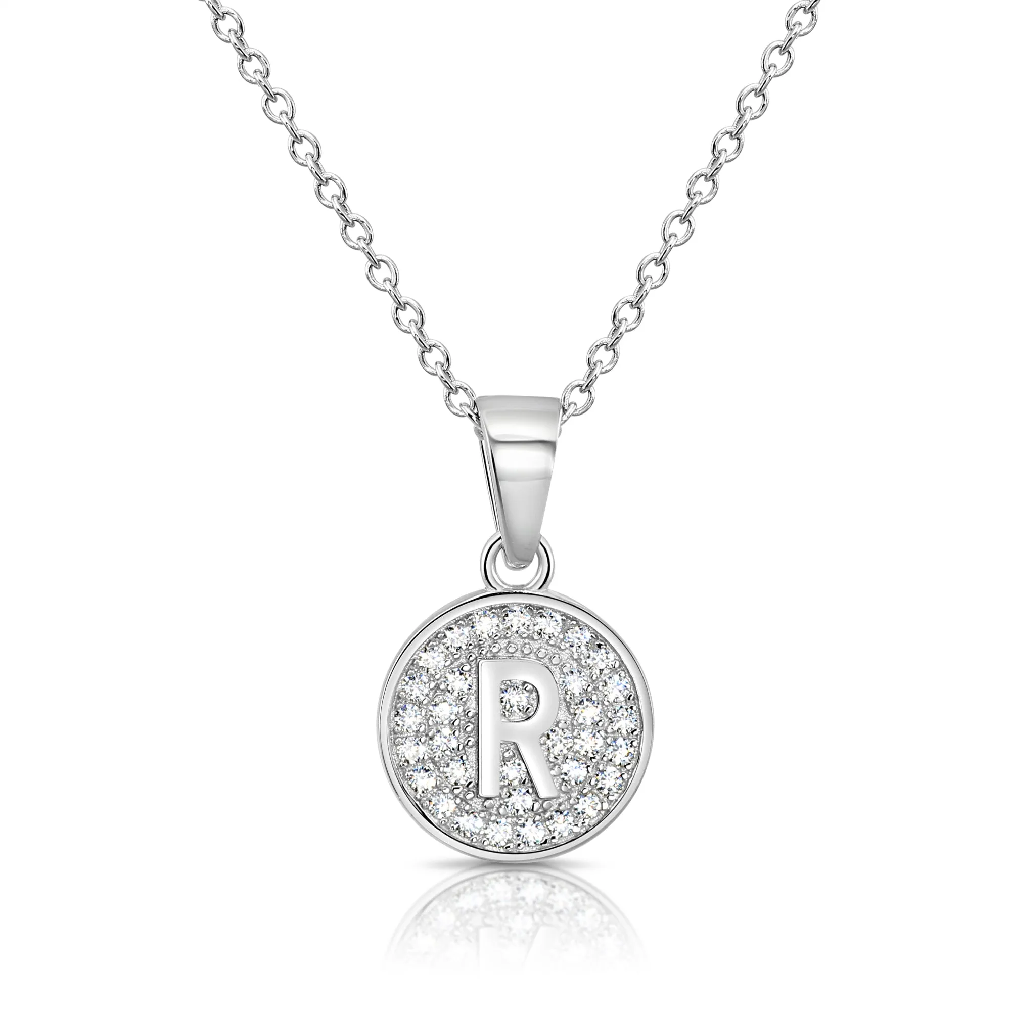 CZ Initial Round Charm Necklace (Letters A-Z) 16" 18" in Sterling Silver